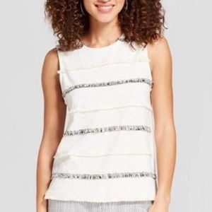 A New Day Women's Large Boho Fringe Tank ~ Cream & Black Cotton Top